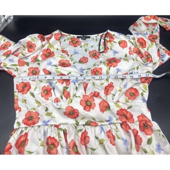 Forever 21 Womens Floral Satin Puff Sleeve Peplum Top Sz L Fairy Feminine - Picture 10 of 12